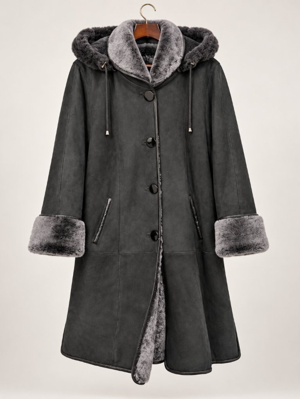 Faux Shearling Coat Dark Green Removable Hood Oversized Winter